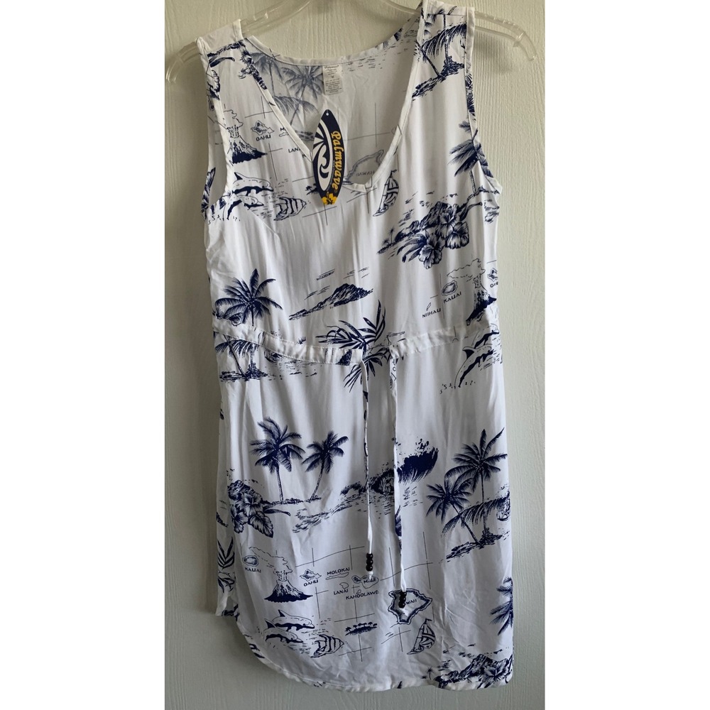 Palmwave Hawaii Women White Navy Map Print Rayon Drawstring Mini Dress Coverup M